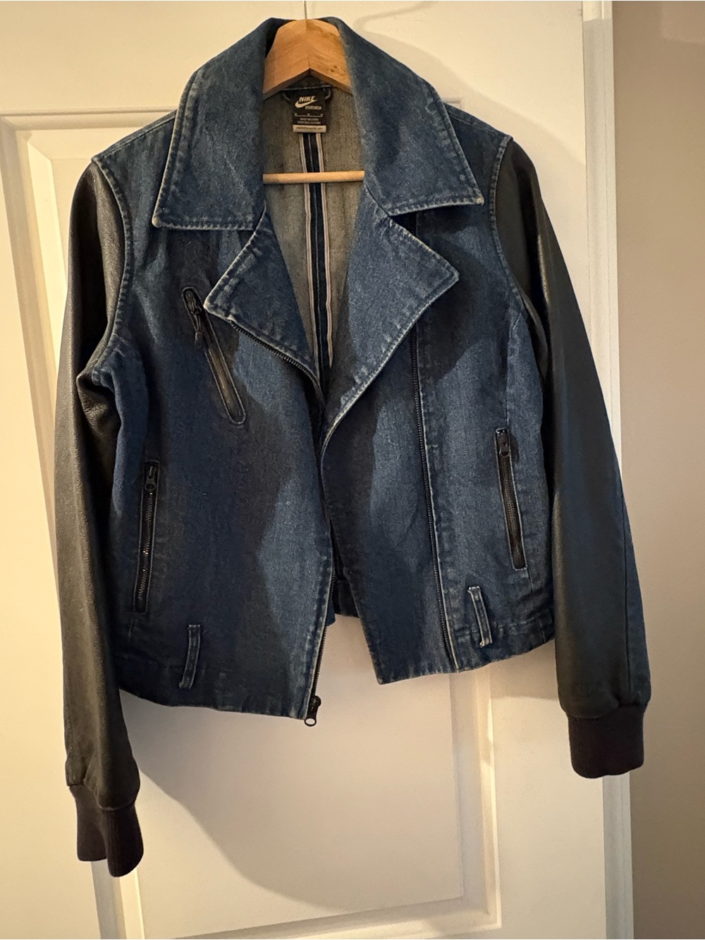 Vintage Nike Women's Denim & Black Faux Leather Moto Jacket